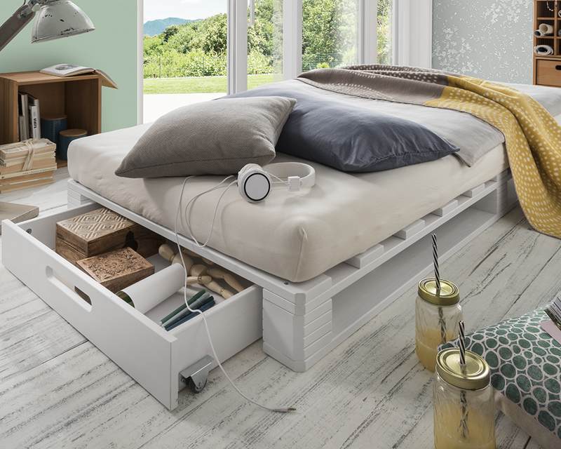 Palletbed voor 1 persoon met opberglade