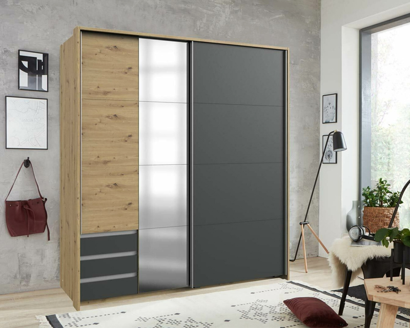 Houten kledingkast met lades en spiegel