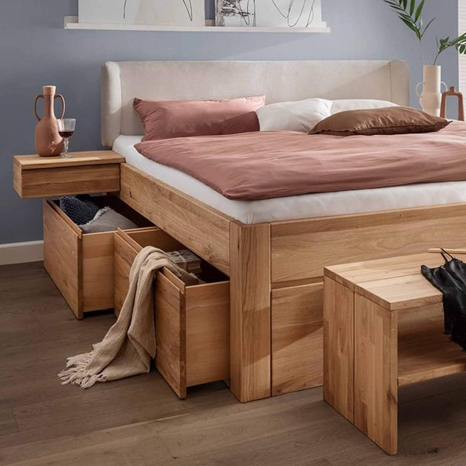 Eiken bed met lades